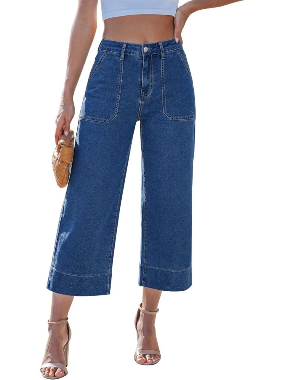 Women's Dark Blue Trendy High Waisted Baggy Straight Stretch Denim Wide Leg